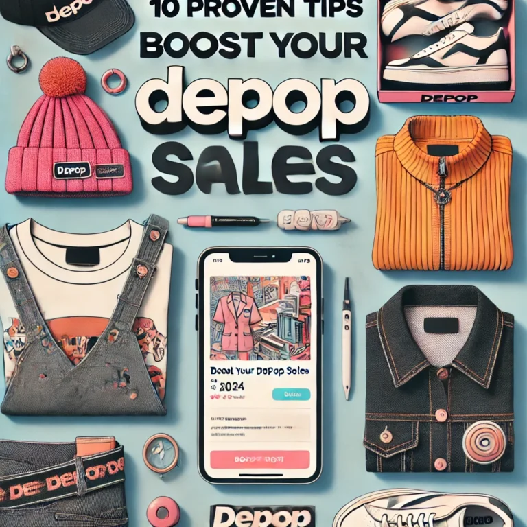 An image with clothing scattered about with the text, "10 proven tips to boost your depop sales."